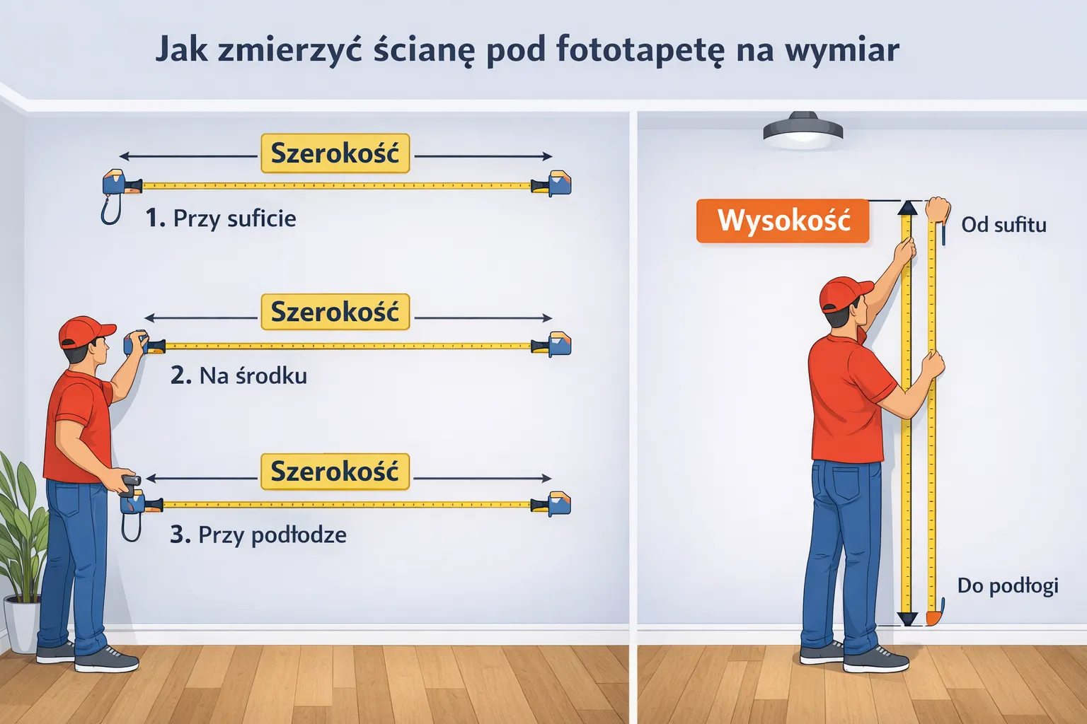 Schemat pomiaru ściany pod fototapetę na wymiar z zaznaczoną szerokością i wysokością