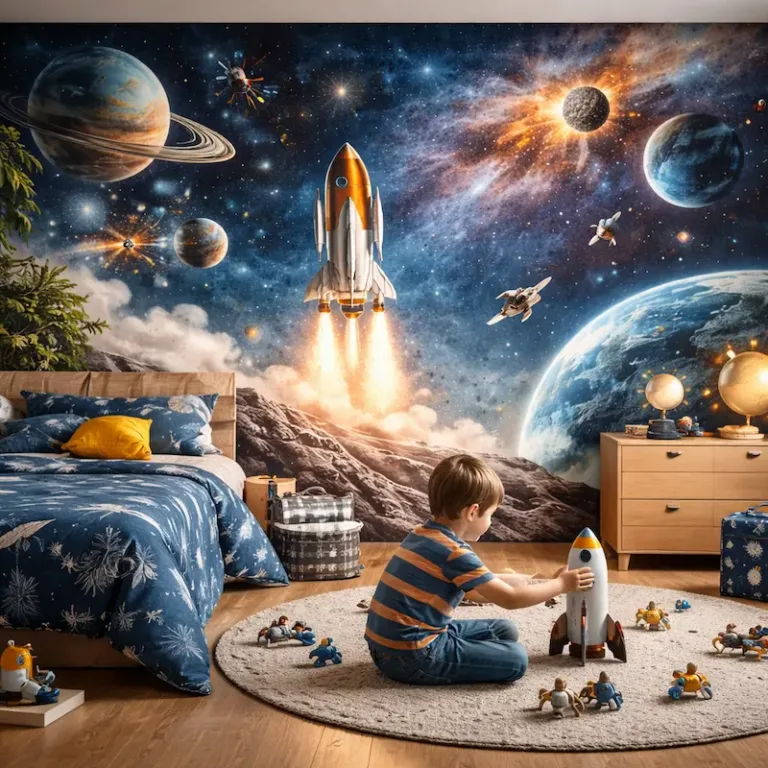 Fototapeta dla chłopca kosmos rakieta planety gwiazdy pokój dziecka
