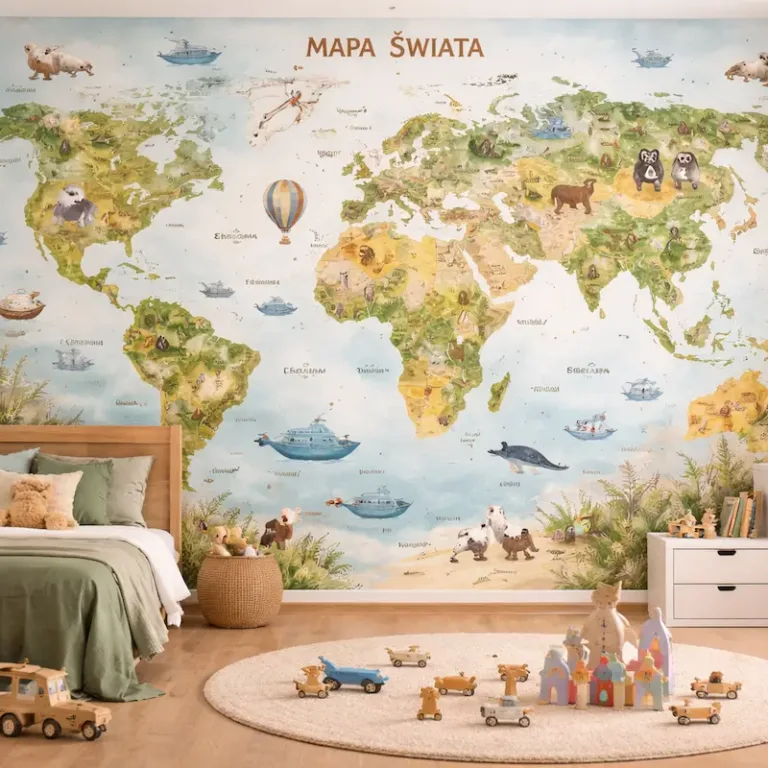 Fototapeta dla dzieci mapa świata zwierzęta edukacyjna kolorowa