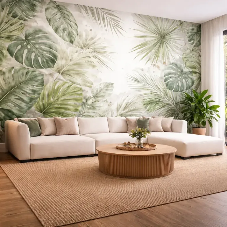 Fototapeta do pomieszczeń liście monstera i botaniczny wzór w jasnym salonie