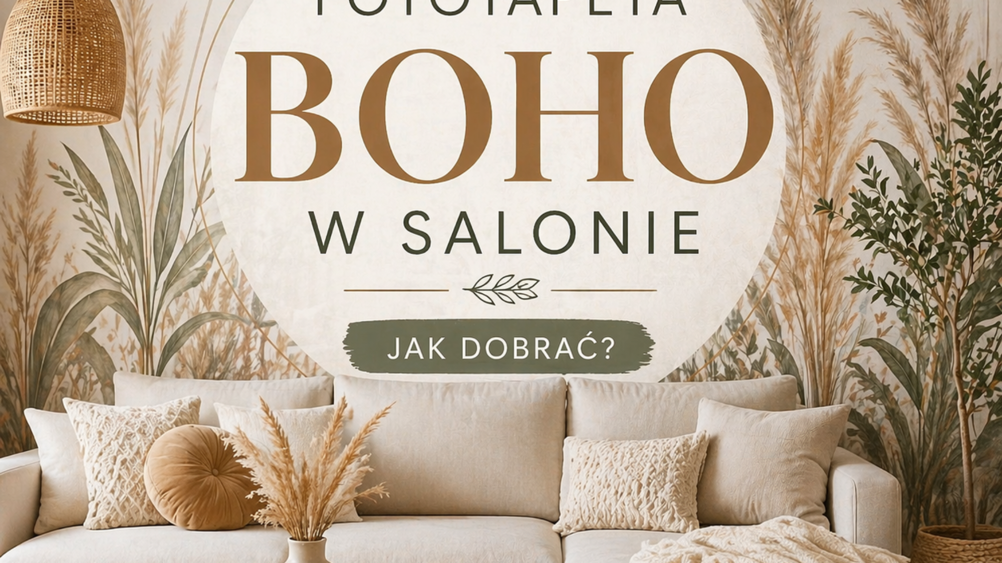 fototapeta boho w salonie nowoczesnym z jasną sofą i motywem traw
