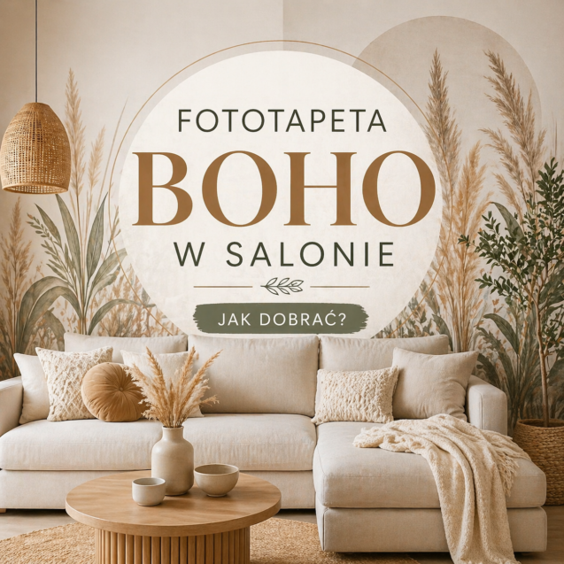 fototapeta boho w salonie nowoczesnym z jasną sofą i motywem traw