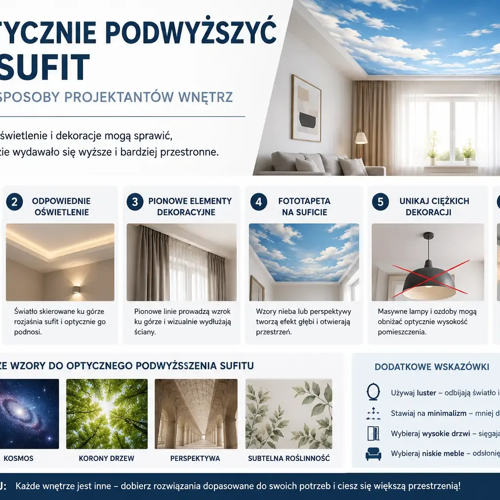 fototapeta na sufit z motywem nieba i chmur optycznie podwyższająca niski sufit
