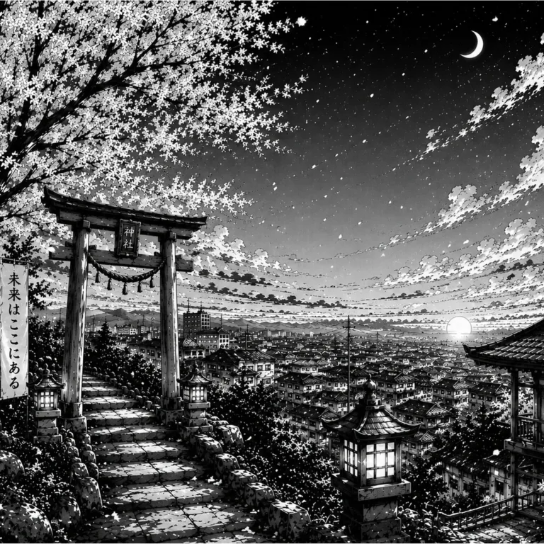 Fototapeta-Manga-Japonia-nocny-krajobraz-z-brama-Torii-i-panorama-miasta-4096x2731