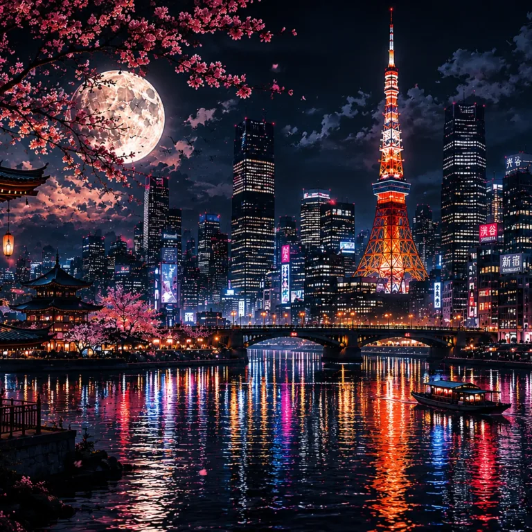 Fototapeta-Tokio-noca-neonowa-panorama-miasta-i-kwitnaca-sakura-4096x2731