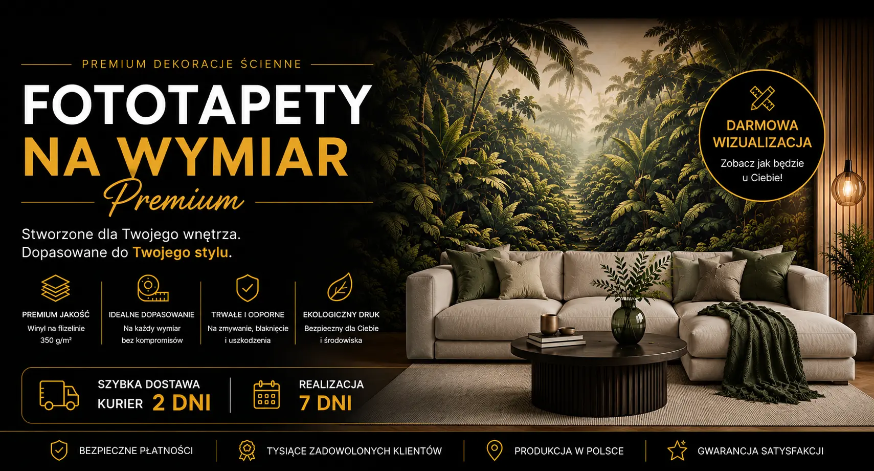 Nowoczesny salon z fototapetą tropikalną premium na wymiar wykonany na winylu na flizelinie 350 g/m²