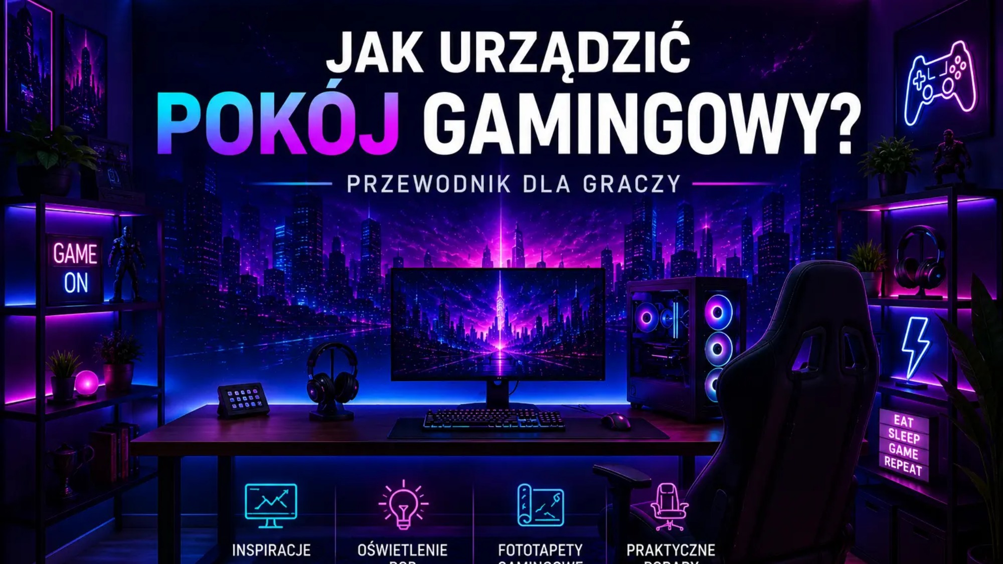 Jak urządzić pokój gamingowy – nowoczesny gaming room z fototapetą gamingową, oświetleniem RGB i stanowiskiem gracza