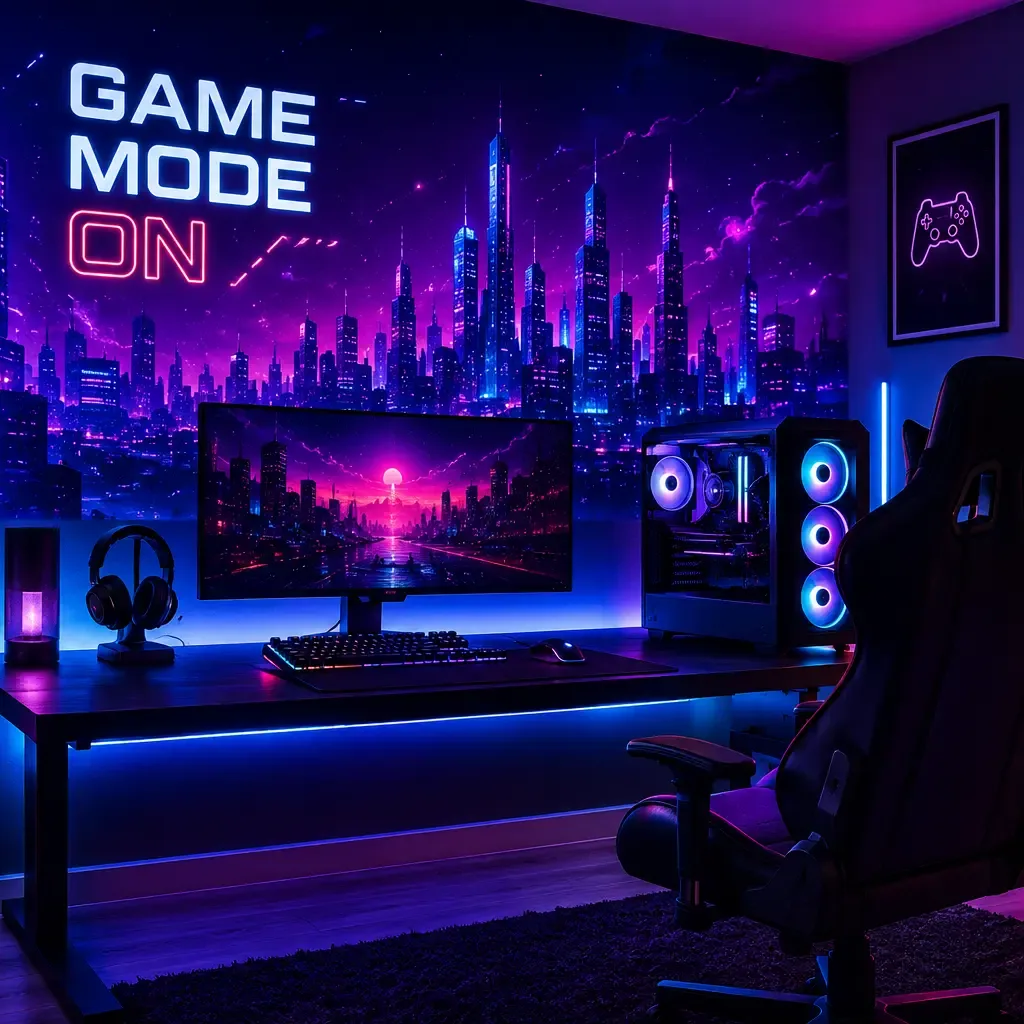 Pokój gamingowy z fototapetą cyberpunk, oświetleniem RGB i nowoczesnym stanowiskiem komputerowym