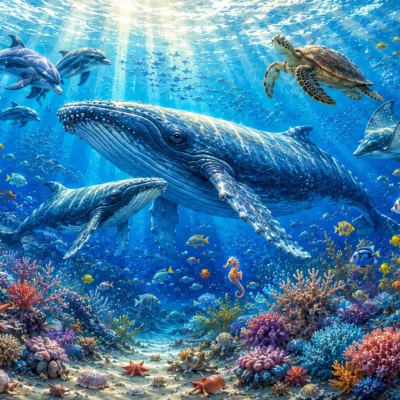 Fototapeta Podwodna Kraina – Magiczny Ocean z Wielorybami-master