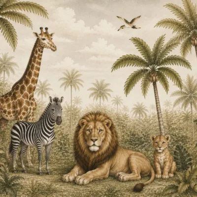 Fototapeta-Safari-wsrod-Palm-Lew-zyrafa-i-Zebra-w-Dzungli-master