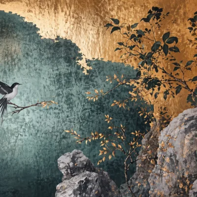 Fototapeta na wymiar Japandi z ptakiem w odcieniach złota i turkusu w stylu art premium
