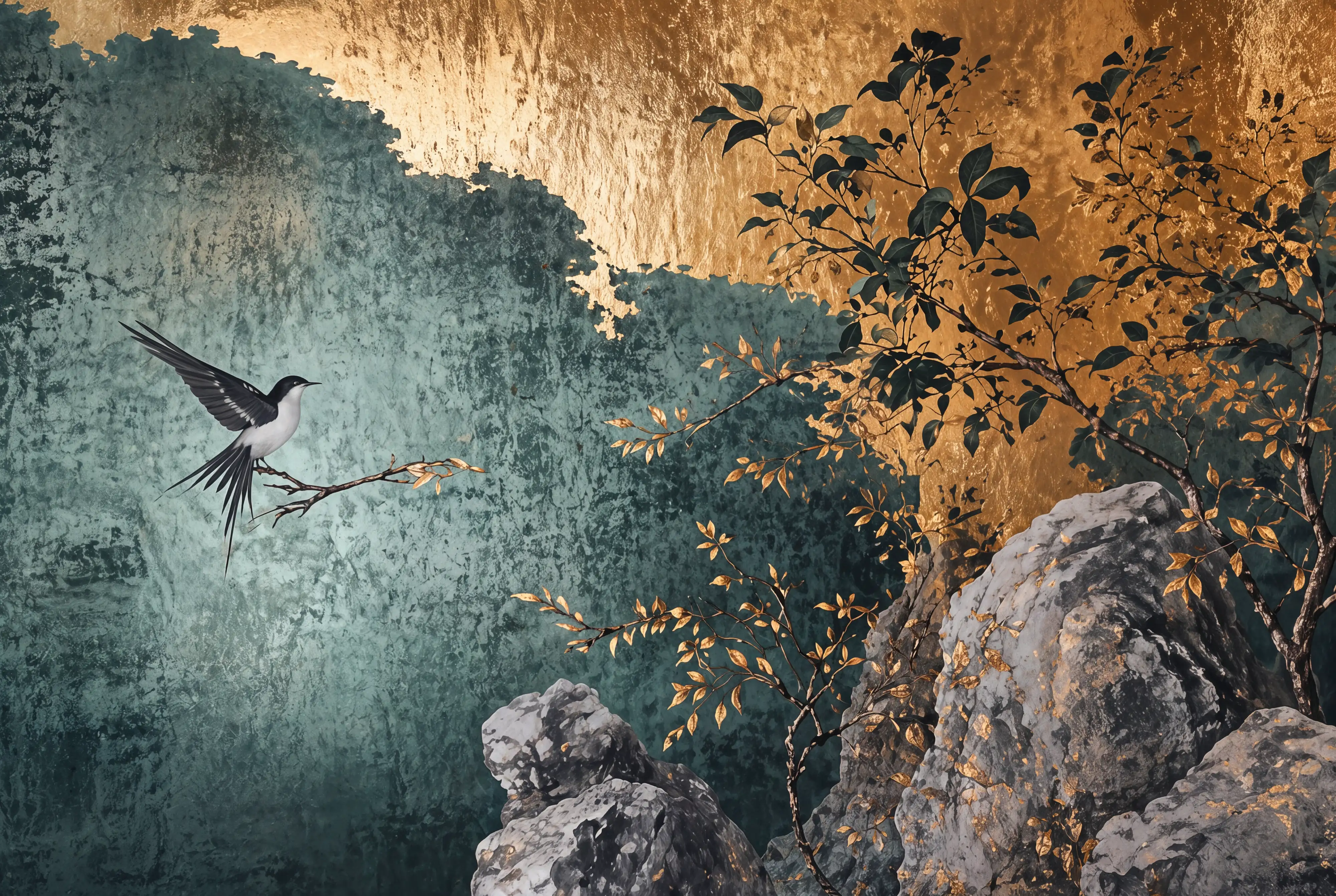 Fototapeta na wymiar Japandi z ptakiem w odcieniach złota i turkusu w stylu art premium