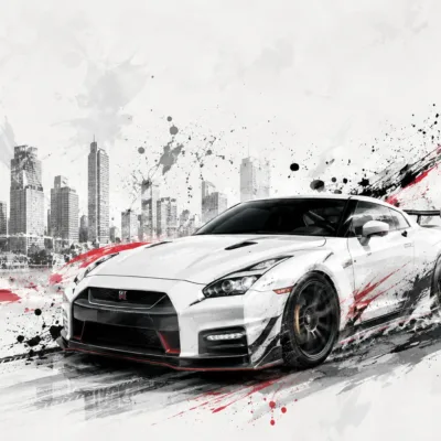 Fototapeta-Samochod-Sportowy-Bialy-GT-R-na-Tle-Miasta-master