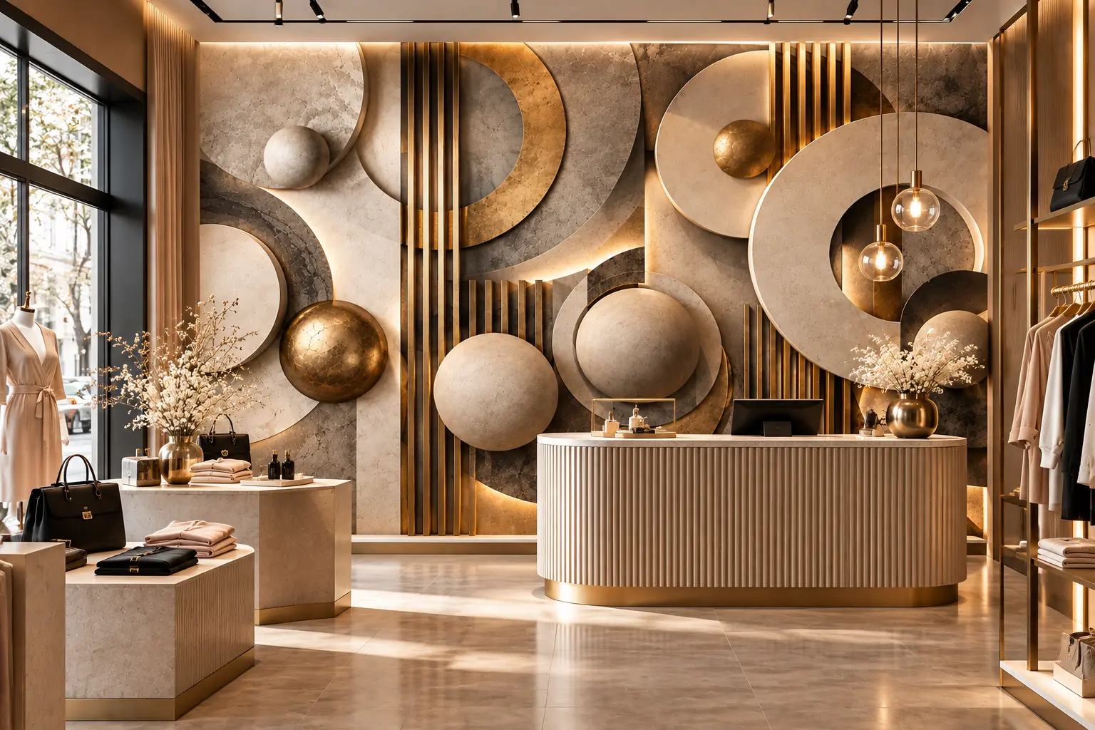 Fototapeta 3D Geometryczna Złoto i Kamień – Architectural Gold w nowoczesnym butiku
