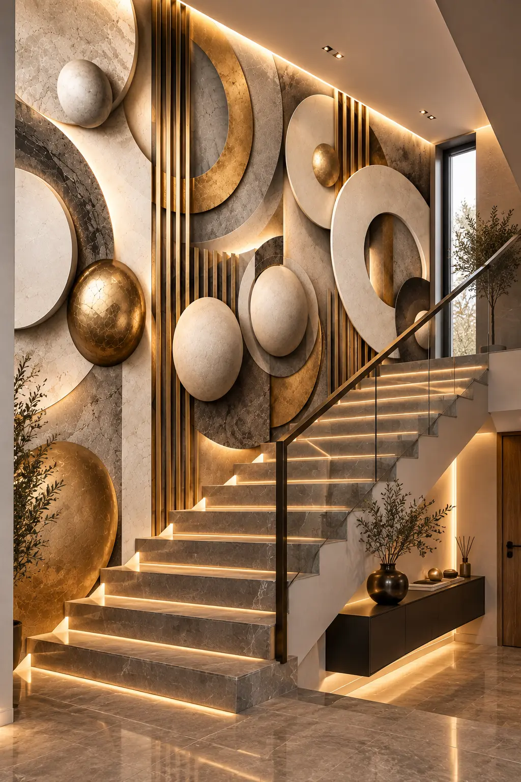 Fototapeta 3D Geometryczna Złoto i Kamień – Architectural Gold na klatce schodowej