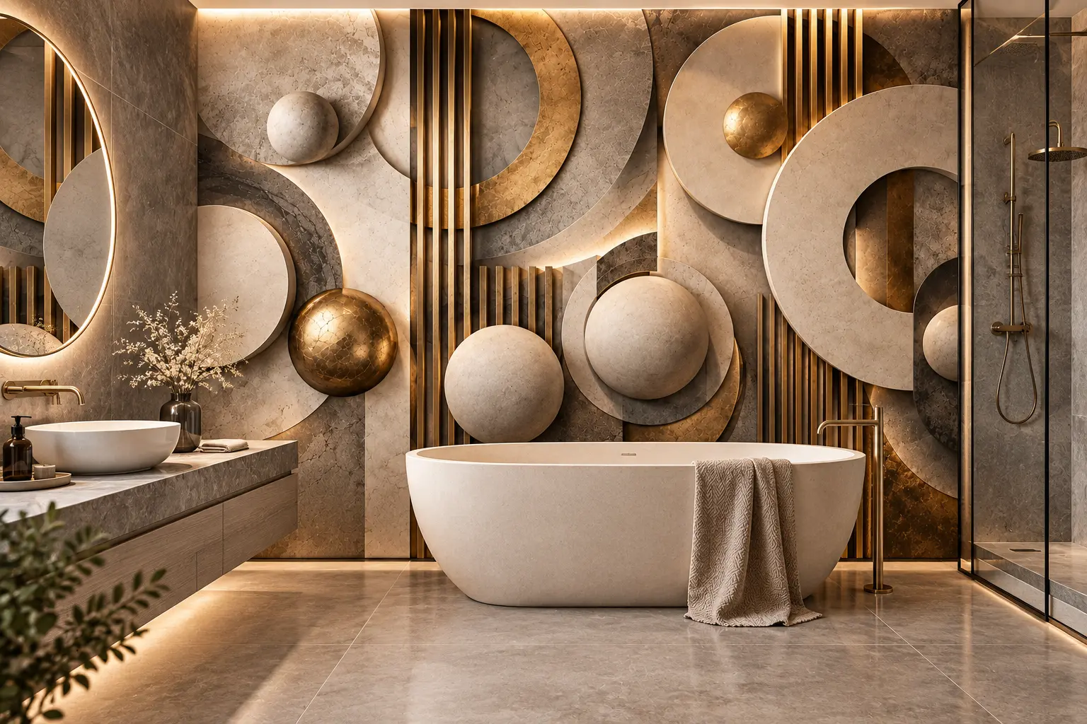 Fototapeta 3D Geometryczna Złoto i Kamień – Architectural Gold w luksusowej łazience