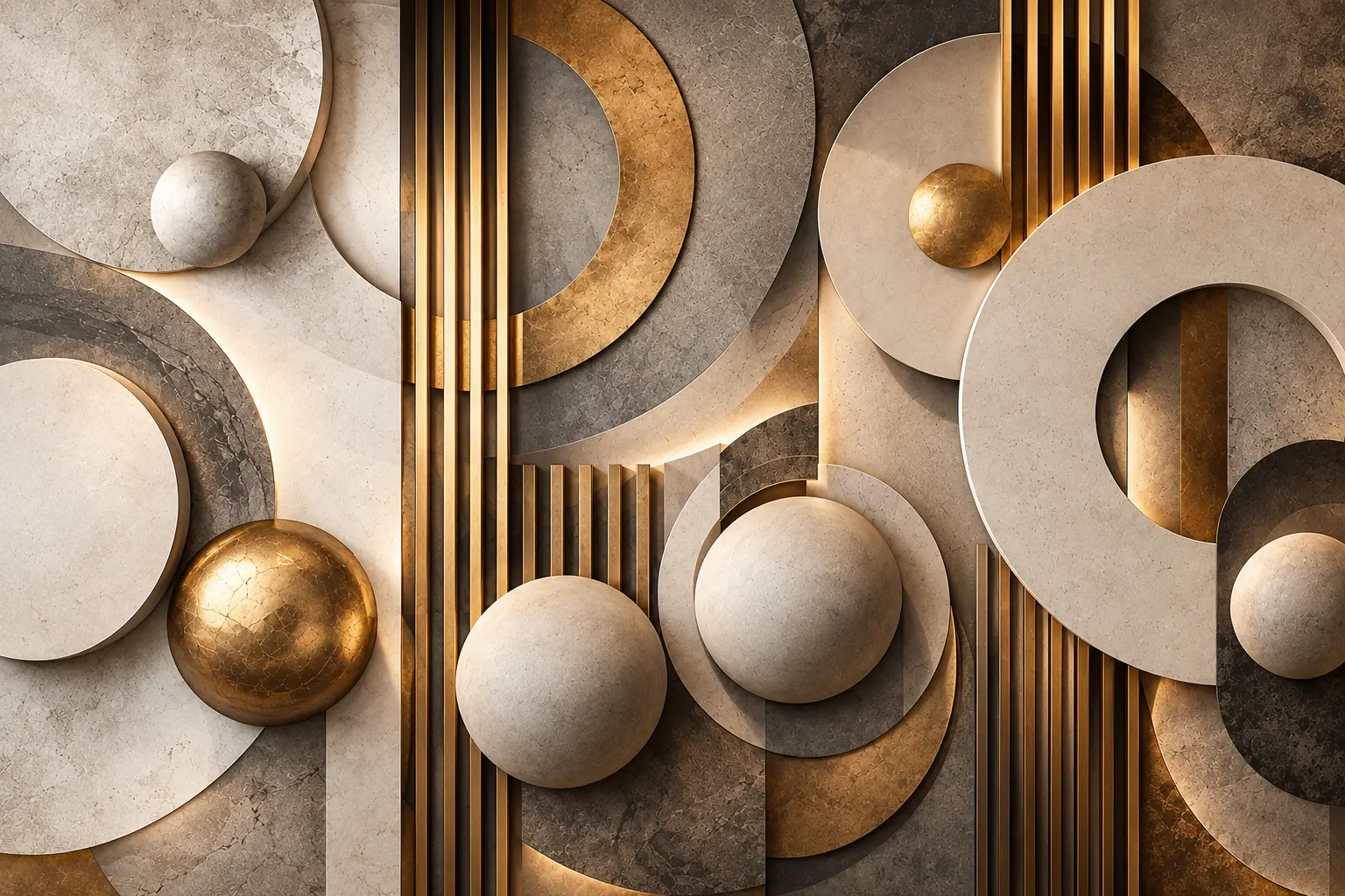 Fototapeta 3D Geometryczna Złoto i Kamień – Architectural Gold – geometryczny wzór 3D w kolorze złota, beżu i kamienia