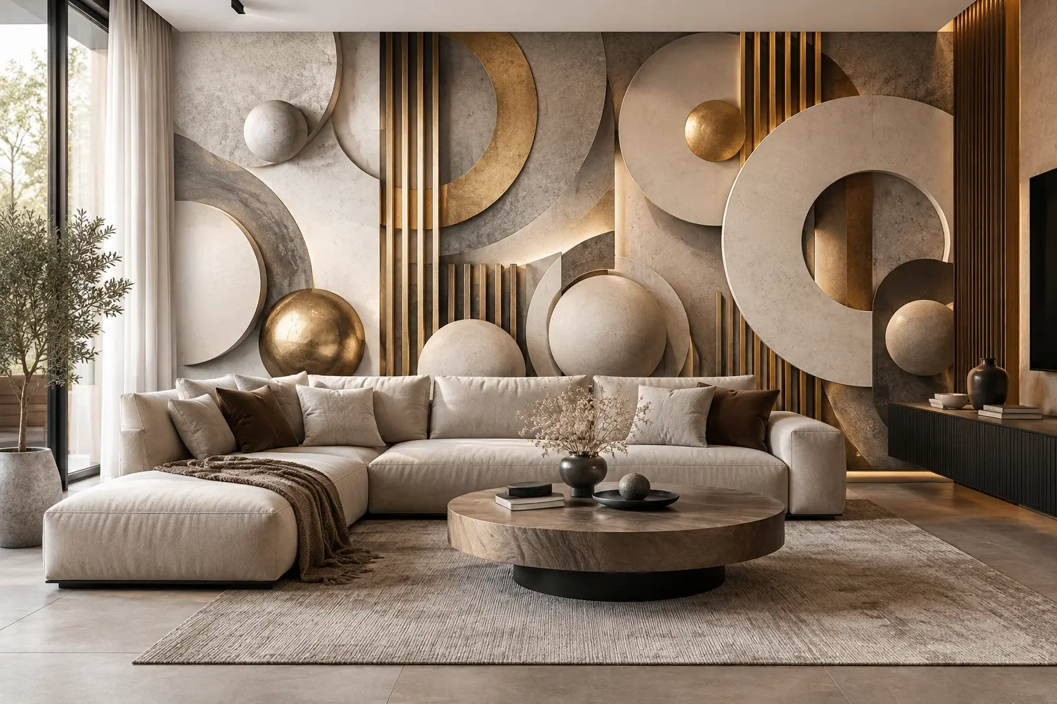 Fototapeta 3D Geometryczna Złoto i Kamień – Architectural Gold w nowoczesnym salonie