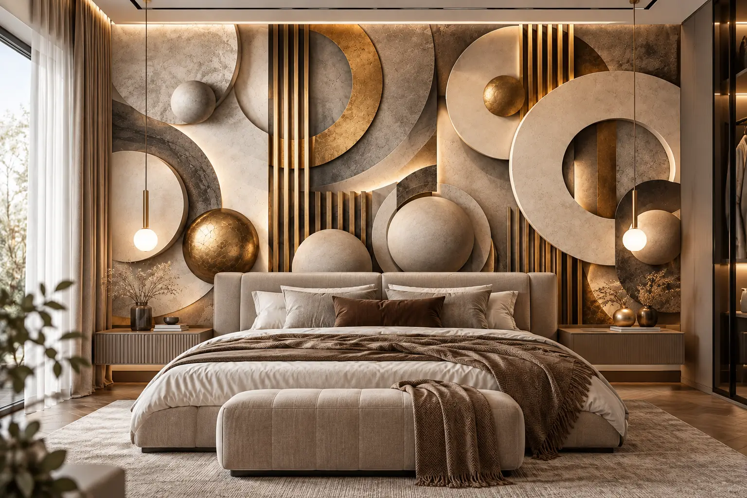 Fototapeta 3D Geometryczna Złoto i Kamień – Architectural Gold w eleganckiej sypialni