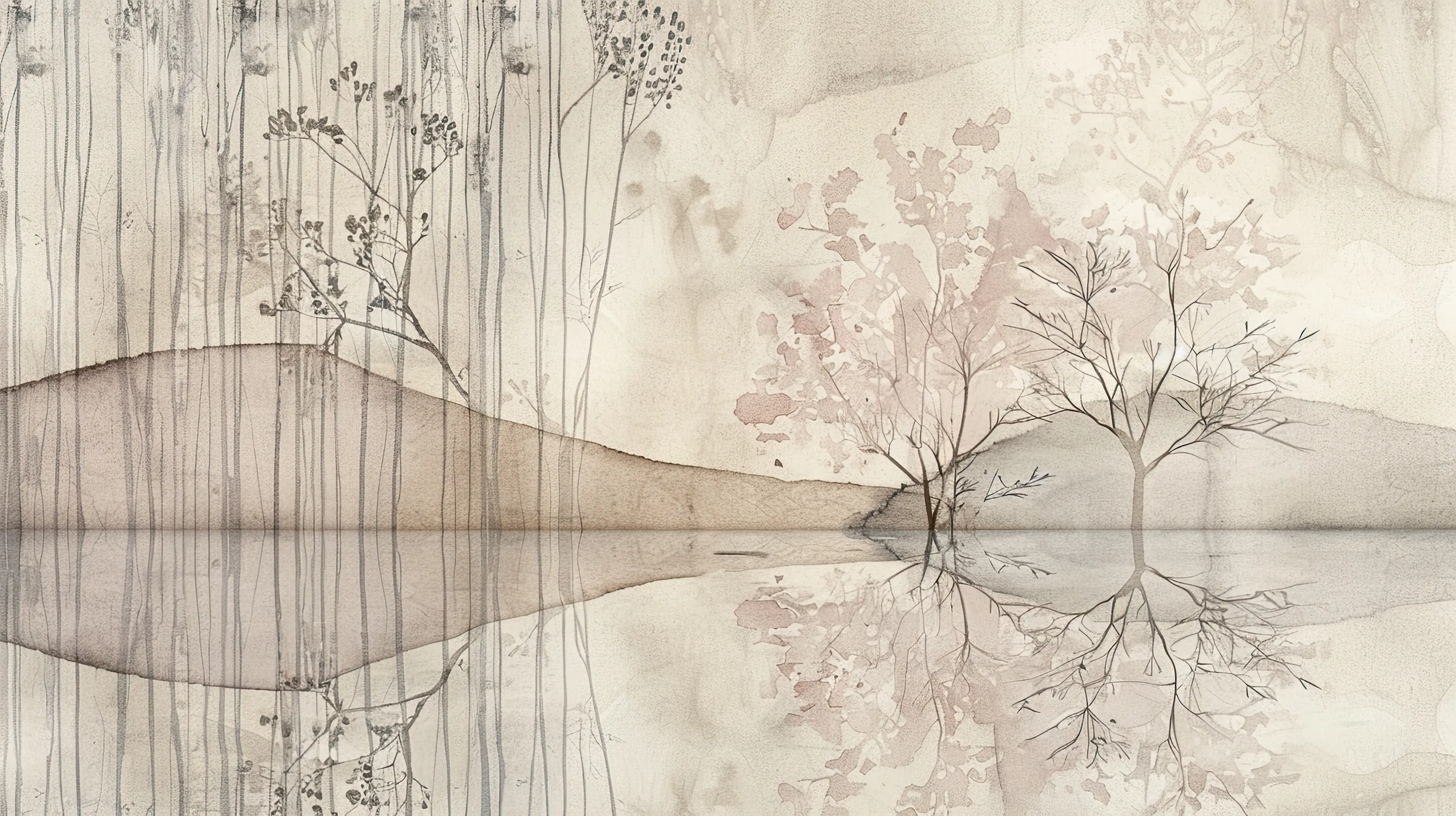 Fototapeta Akwarelowy Pejzaż – Watercolor Landscape – akwarelowy krajobraz z drzewami i odbiciem w wodzie