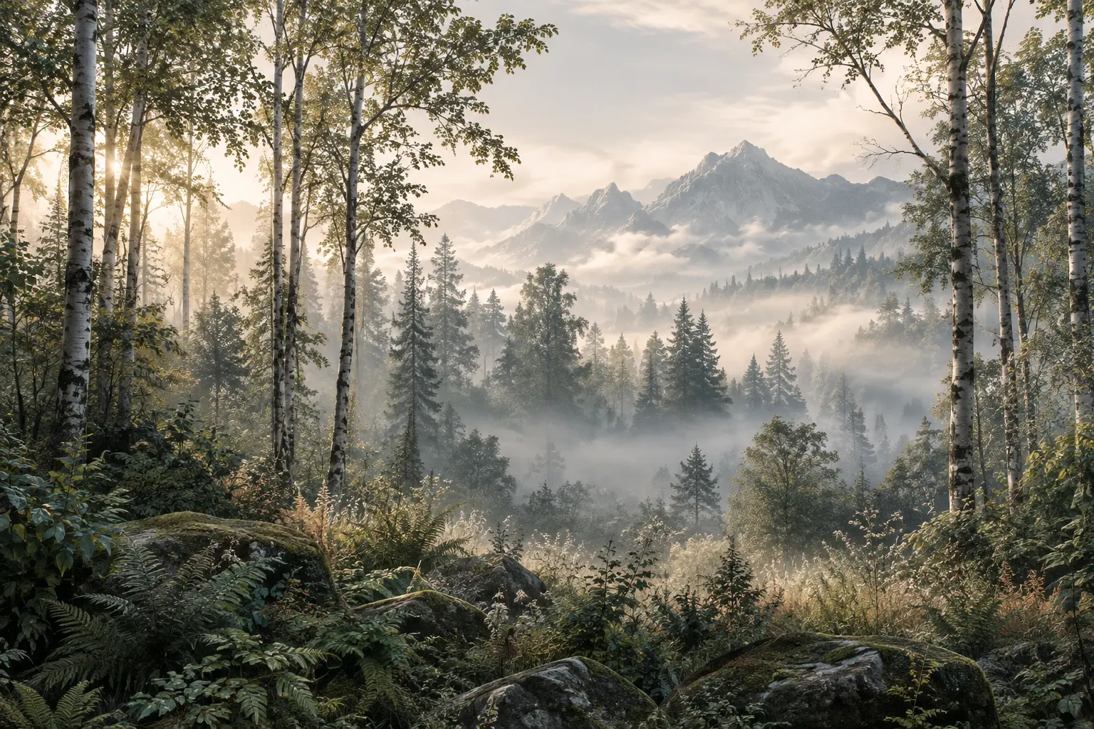 Fototapeta Dolina Światła – Valley of Light – mglisty las, góry i światło
