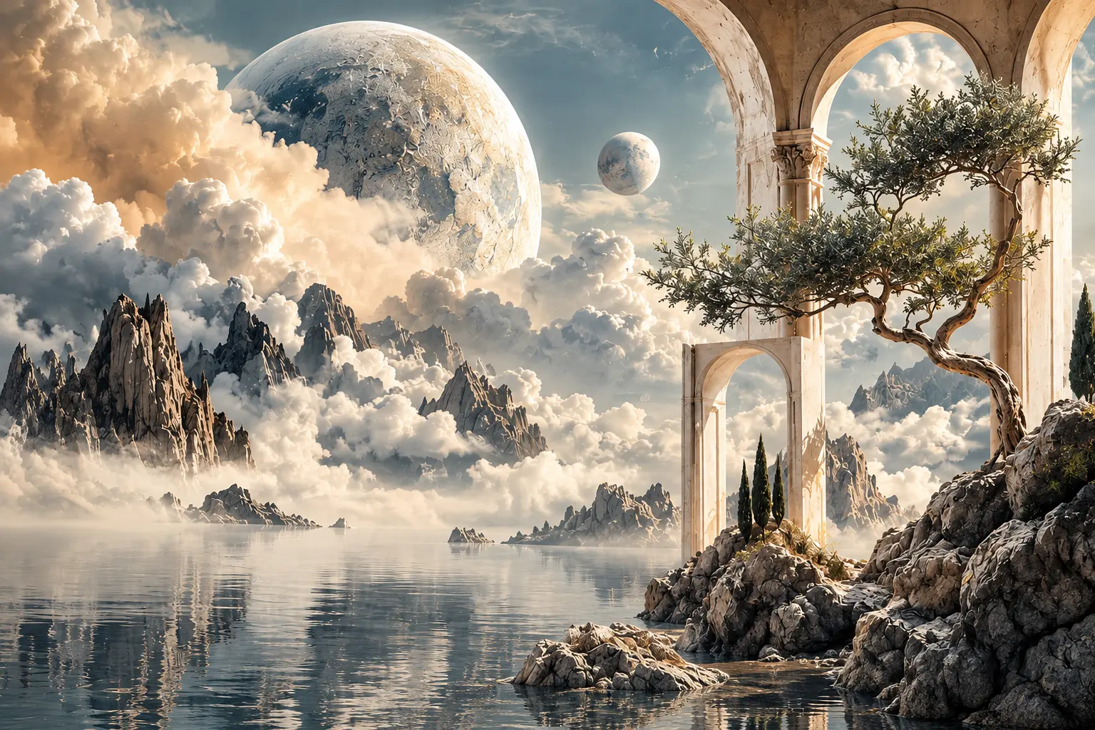 Fototapeta Surrealna Kraina Snów – Dreamscape, surrealny krajobraz z planetami, górami i wodą
