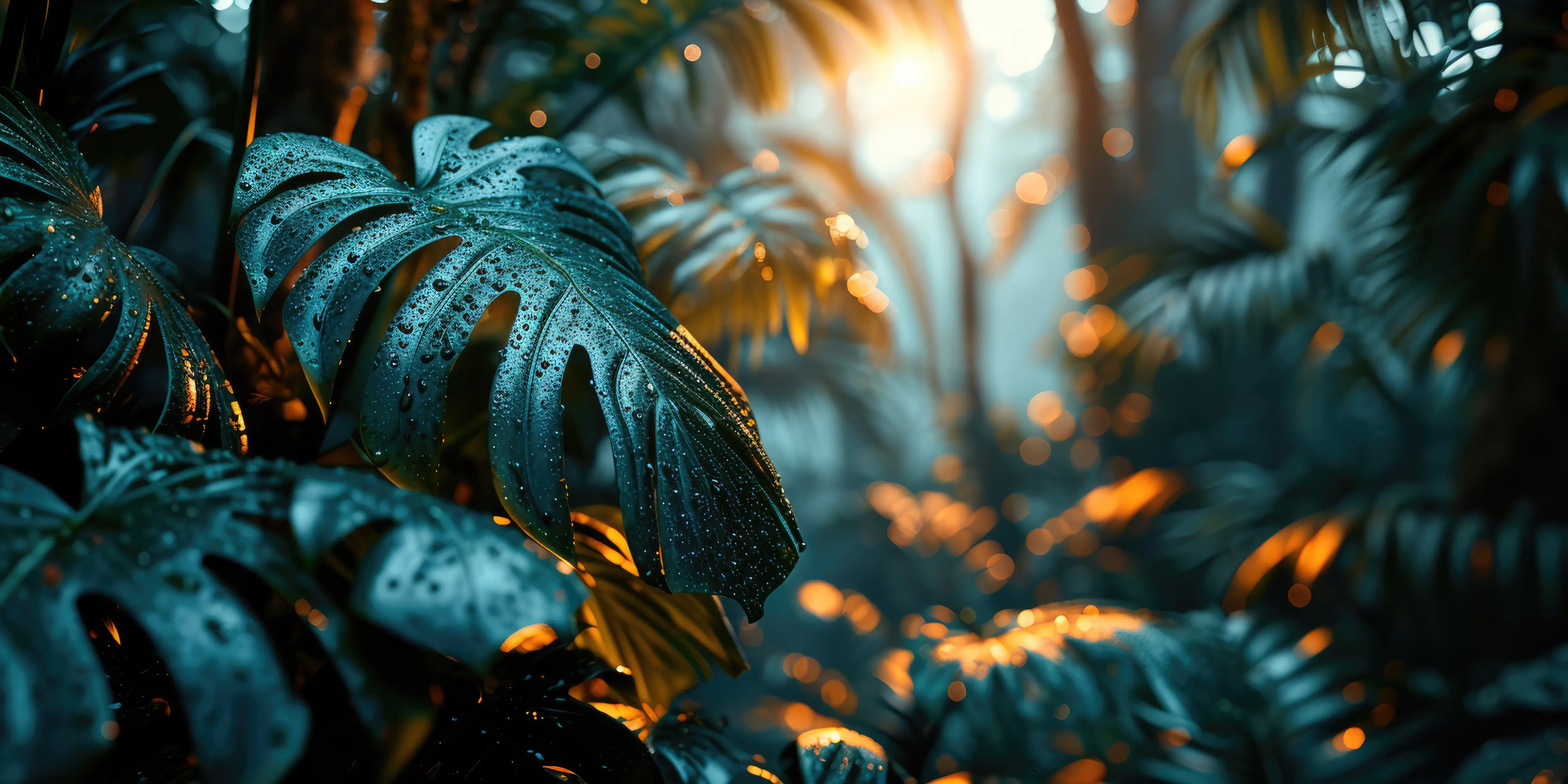 Fototapeta Tropikalny Blask – Tropical Glow – ciemne liście monstery z kroplami wody i złotym światłem