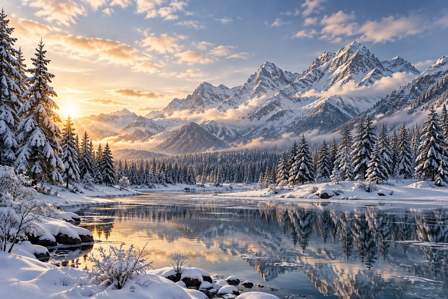 Fototapeta Zimowa Dolina – Winter Valley – zimowe góry, las i jezioro