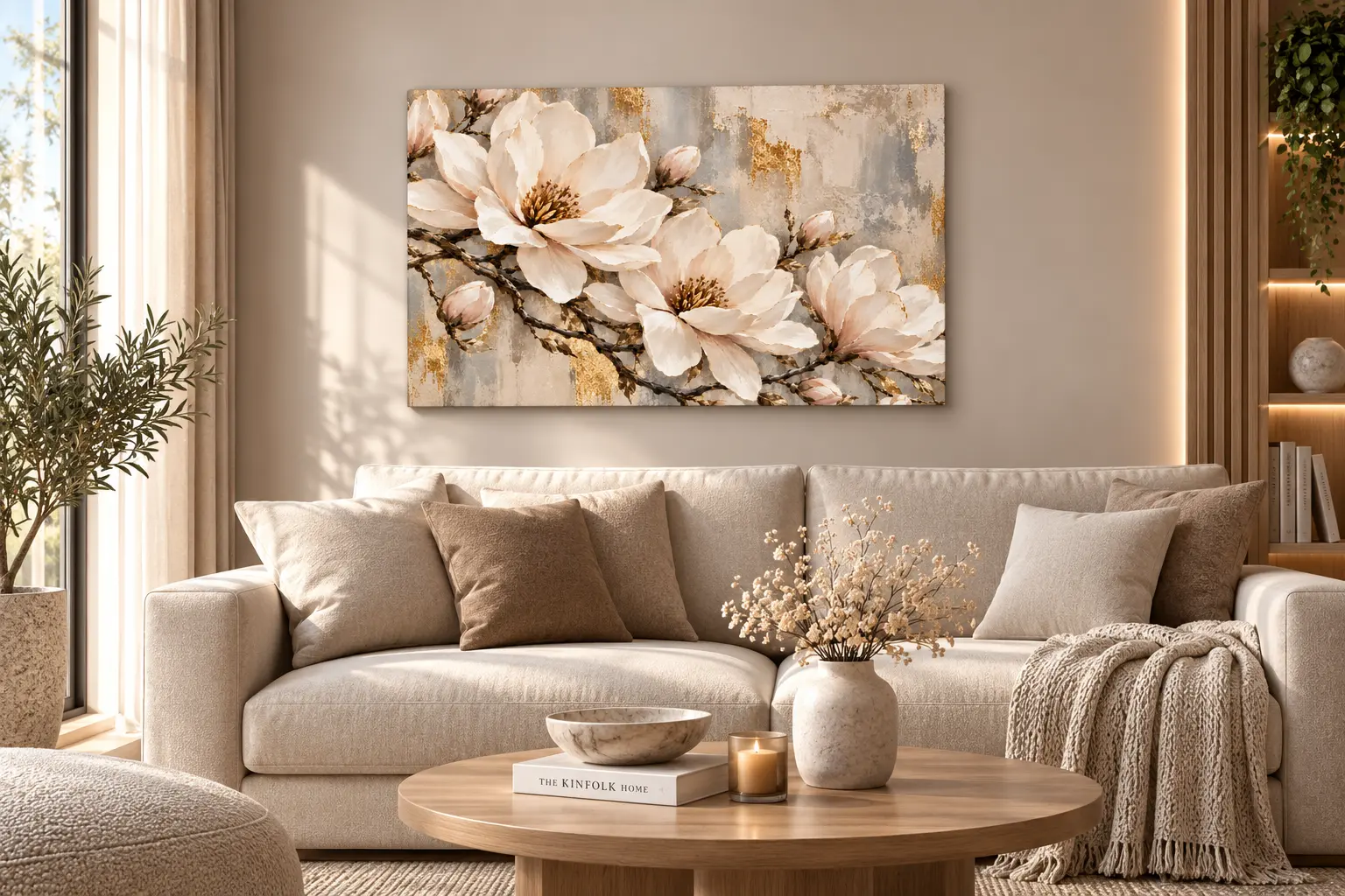 Obraz Magnolie w Złocie – Golden Magnolia – wizualizacja pozioma we wnętrzu