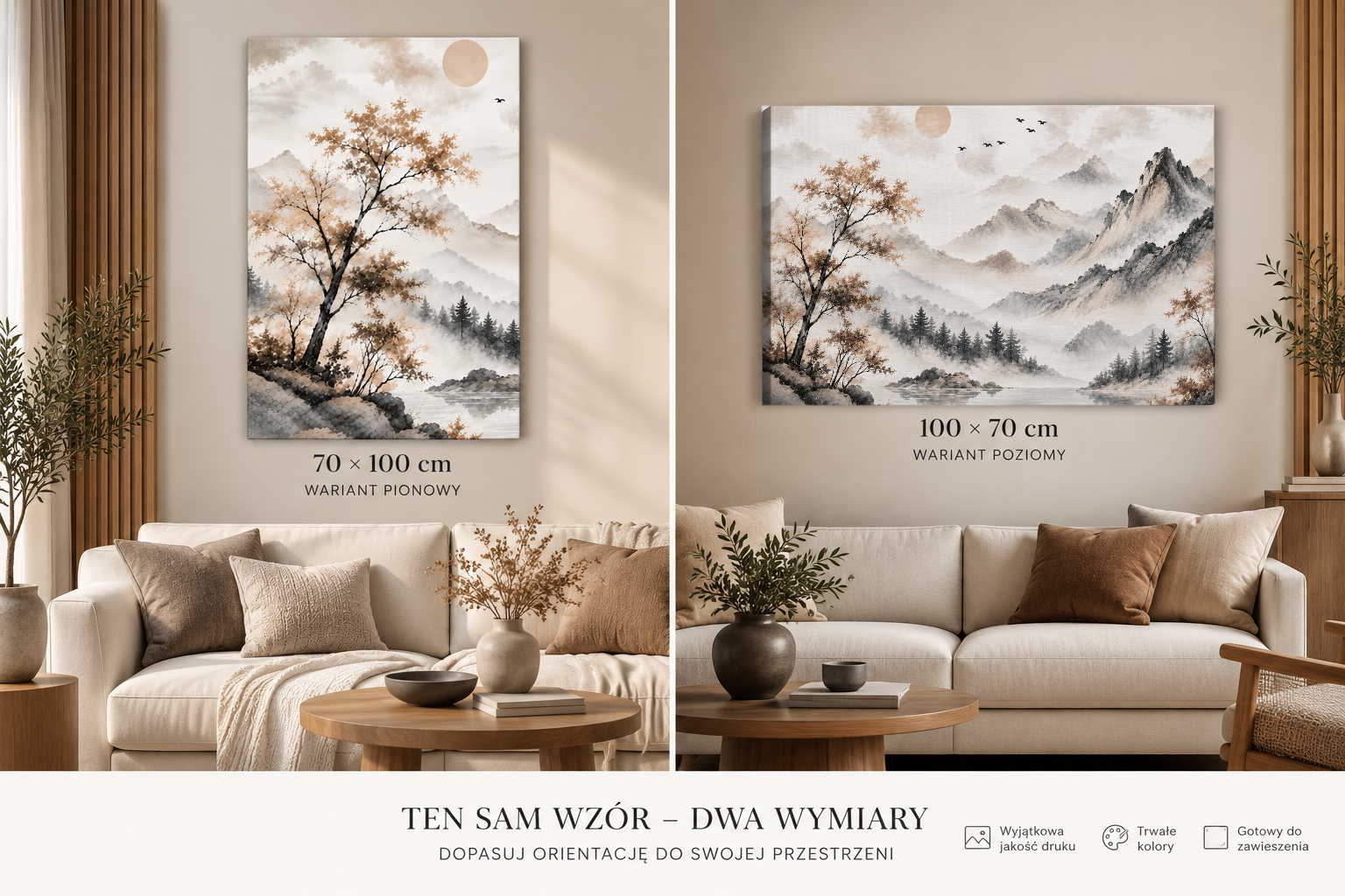 Obraz góry Japandi akwarelowy pejzaż premium – wizualizacja wariantów we wnętrzu 70x100