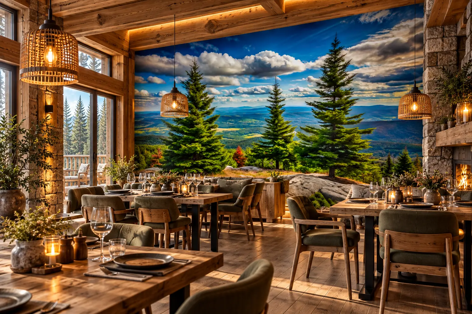 Fototapeta Leśna Panorama – Forest Escape w restauracji górskiego domku