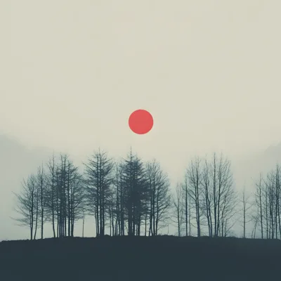 Fototapeta Czerwony Świt – Scarlet Dawn, minimalistyczny pejzaż z czerwonym słońcem, zamglonymi górami i ciemnymi sylwetkami drzew na tle jasnego nieba.