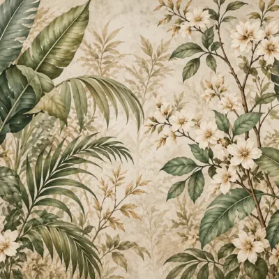 fototapeta-eden-verde-botanical-dreams-botaniczne-liscie-i-kremowe-kwiaty
