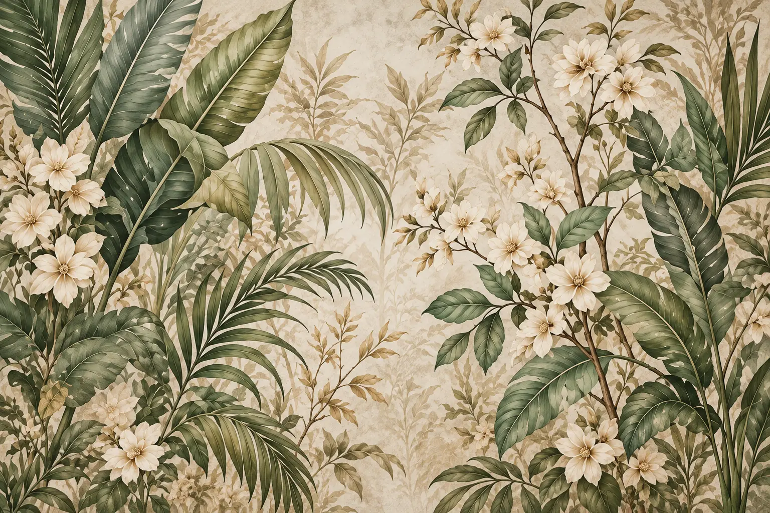 Fototapeta Eden Verde Botanical Dreams z zielonymi liśćmi i kremowymi kwiatami na beżowym tle