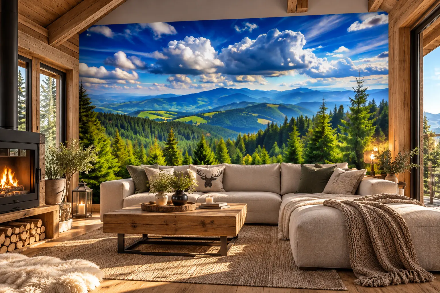 Fototapeta Górski Bezmiar w przytulnym domku z drewnianymi belkami, jasną sofą i panoramą leśnych gór