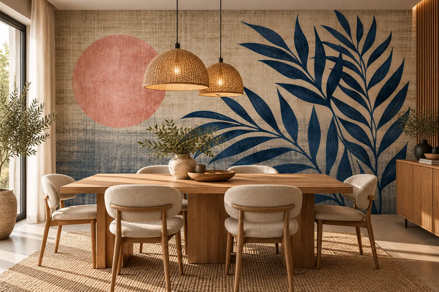 Fototapeta Granatowe Liście Blue Botanical w jadalni z dębowym stołem i jasnymi krzesłami