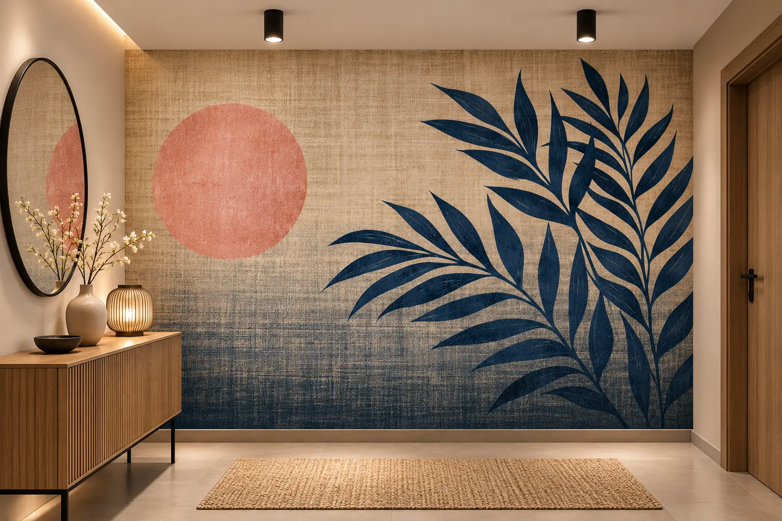 Fototapeta Granatowe Liście Blue Botanical w przedpokoju z lustrem