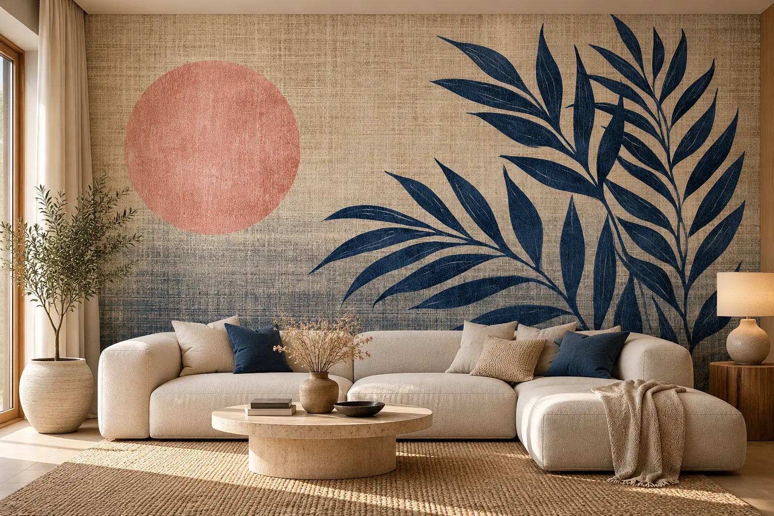 Fototapeta Granatowe Liście Blue Botanical w salonie z beżową sofą