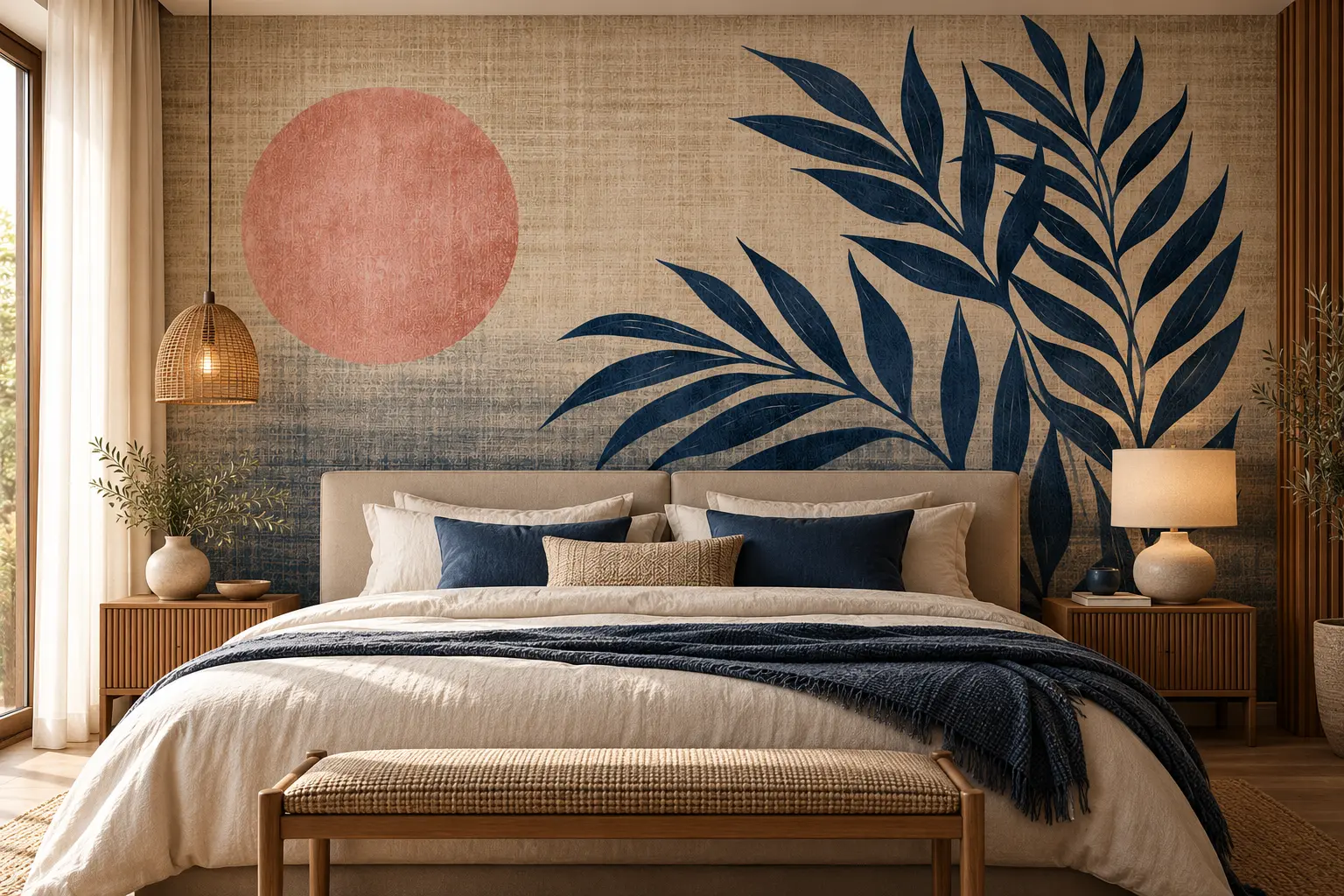 Fototapeta Granatowe Liście Blue Botanical w sypialni z kremowym łóżkiem