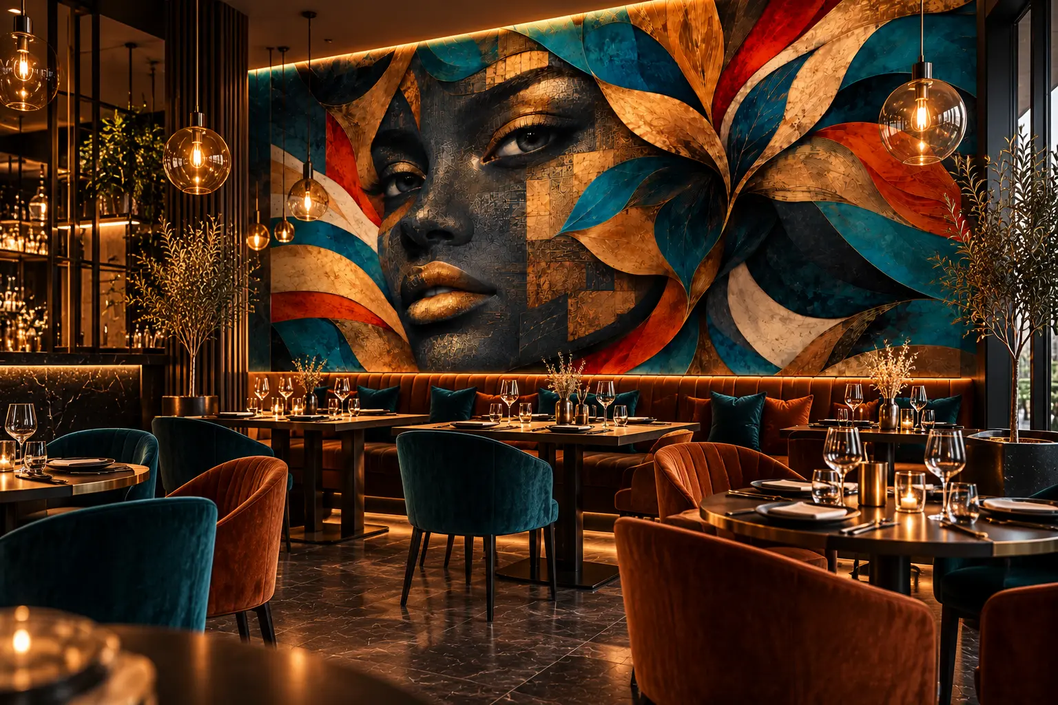 Fototapeta Kleopatra Royal Enigma w nowoczesnej restauracji z turkusowymi lożami i ciemnymi meblami