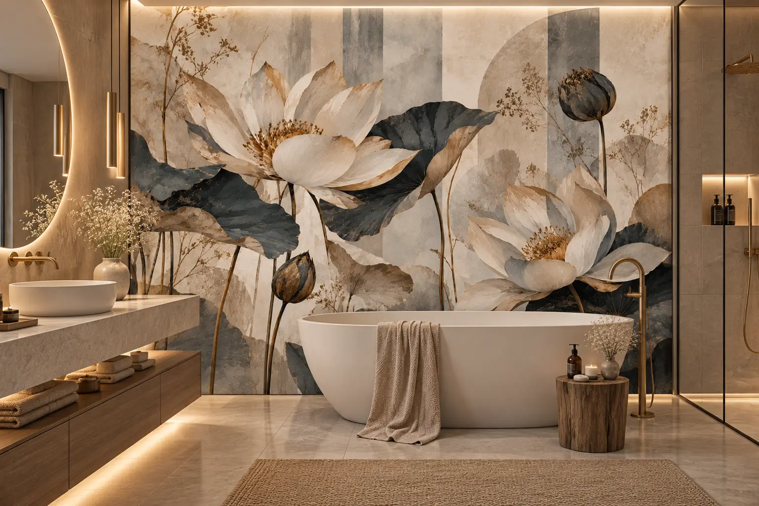 Fototapeta Kremowe Lotosy Ivory Lotus za wolnostojącą wanną w eleganckiej łazience