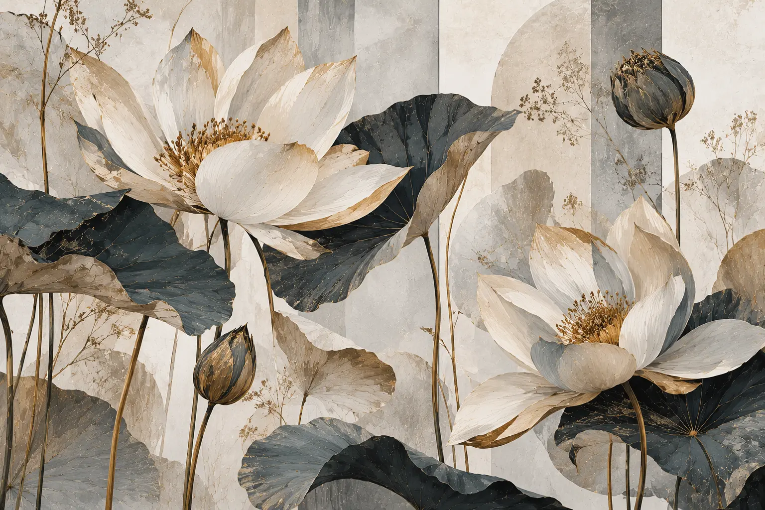 Fototapeta Kremowe Lotosy Ivory Lotus – kremowe kwiaty lotosu i grafitowe liście na jasnym tle