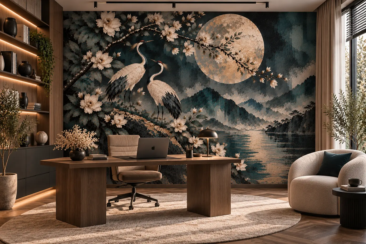Fototapeta Magnolie w blasku księżyca w eleganckim gabinecie z biurkiem i motywem żurawi
