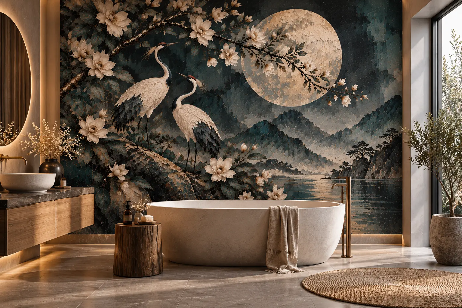 Fototapeta Magnolie w blasku księżyca w luksusowej łazience z wanną wolnostojącą i eleganckimi dodatkami