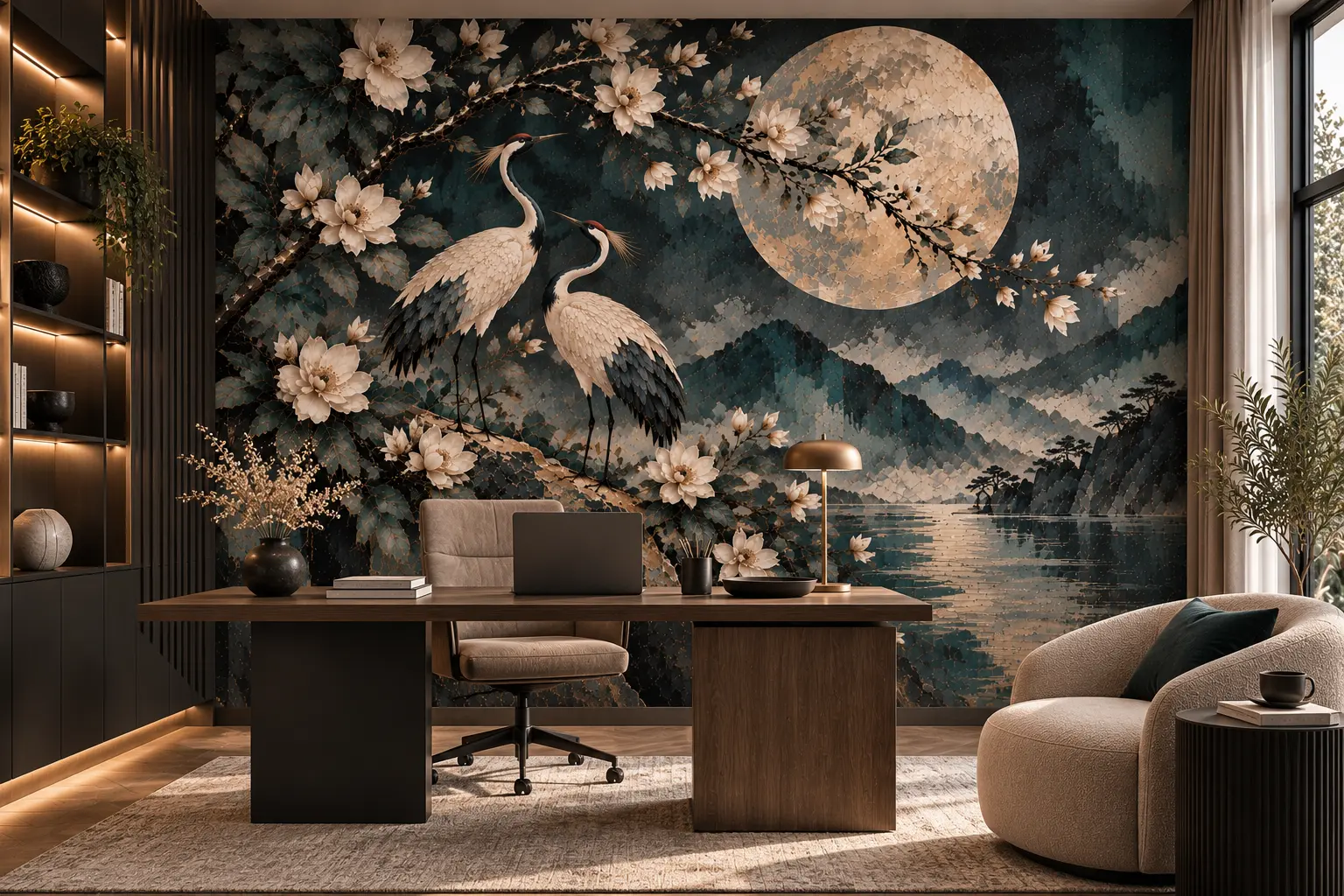 Fototapeta Magnolie w blasku księżyca w nowoczesnym gabinecie z ciemnymi meblami