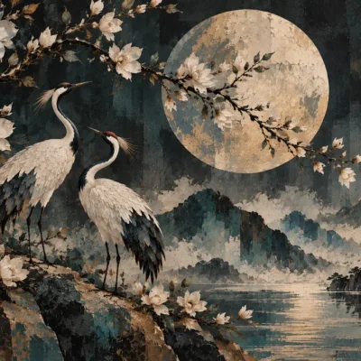 fototapeta-magnolie-w-blasku-ksiezyca-lunar-magnolia-zurawie-na-tle-zlotego-ksiezyca