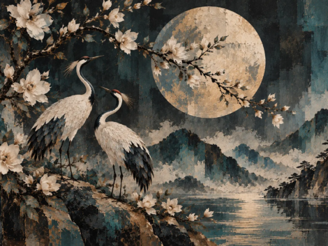 fototapeta-magnolie-w-blasku-ksiezyca-lunar-magnolia-zurawie-na-tle-zlotego-ksiezyca