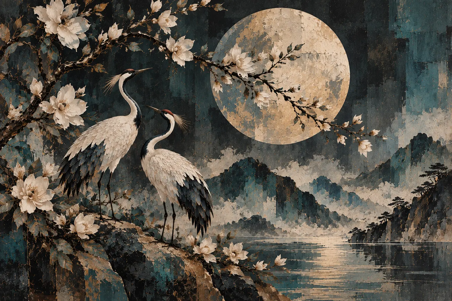 Fototapeta Magnolie w blasku księżyca Lunar Magnolia z żurawiami na tle złotego księżyca i ciemnej kompozycji