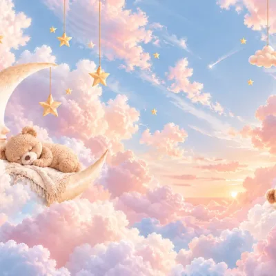 fototapeta-sen-w-chmurach-moonlight-dreams-pastelowy-ksiezyc-misie-i-zlote-gwiazdki