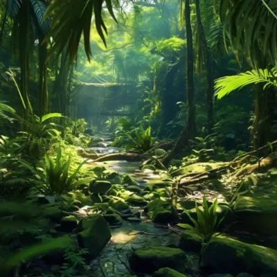 Fototapeta Zielony Strumień – Emerald Creek, tropikalny las z kamienistym strumieniem, bujną roślinnością i promieniami słońca